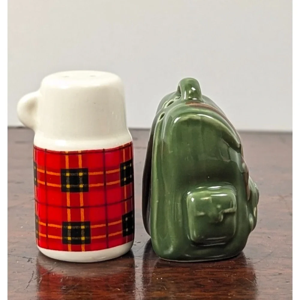 Camping Coffee Mug & Hiking Backpack Ceramic Salt & Pepper Shakers Pair Novelty